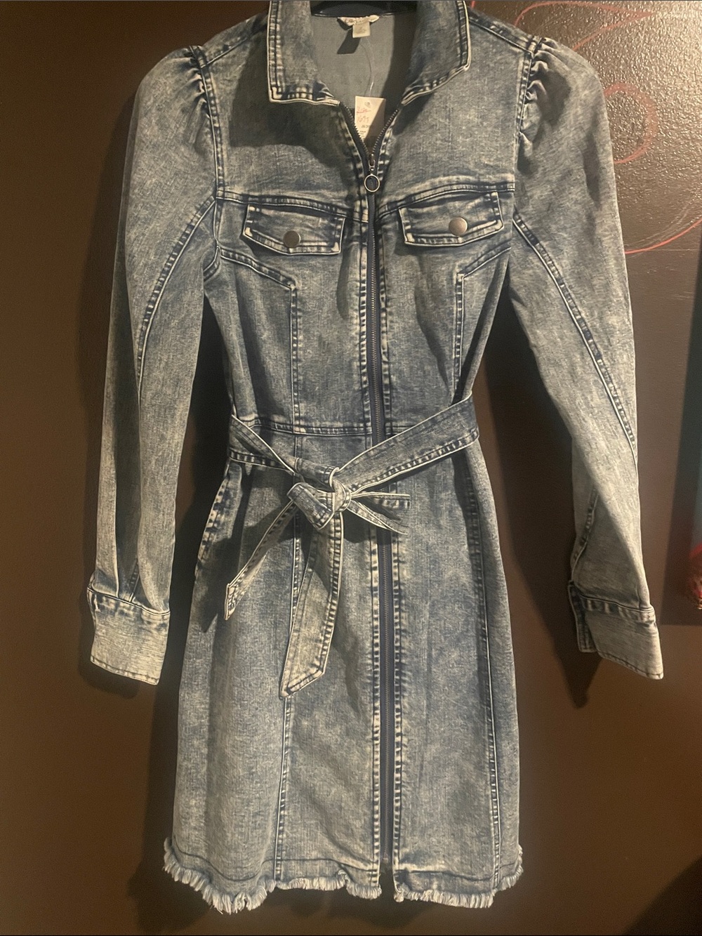 Cato Washed Denim Zip-Front Belted Long Sleeve Dress - Light Blue